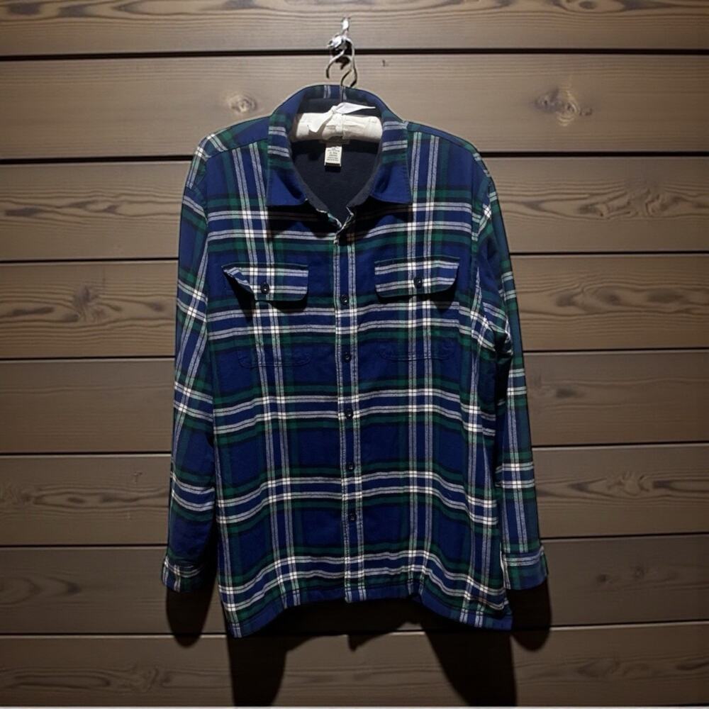 LL Bean Mens XL Fleece Lined Flannel Shirt Jacket Shacket Blue Green White Plaid